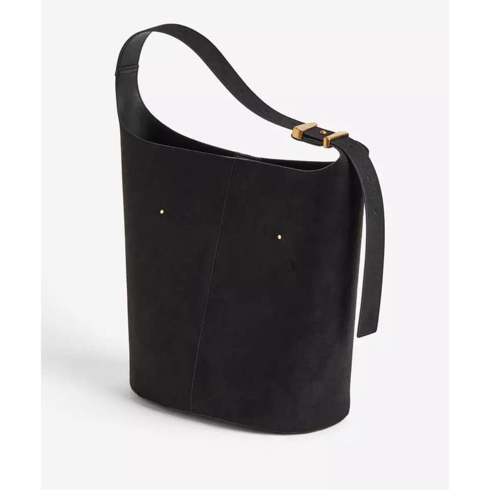 H&M Black Faux Suede Bucket Bag Gold Hardware Adjustable Strap - Picture 3 of 14